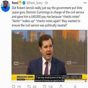 4.5K views · 195 reactions | Ermmm you **** what? Dominic Cummings is Boris Johnson's right hand man. He was behind the vote leave campaign and the 2019 election campaign and he's the guy who broke lockdown and kept his job in government because the PM loves him so much... And their defence of giving him a 40K pay rise to run the civil service is because he brings... Political Impartiality!??! | Femi | Facebook