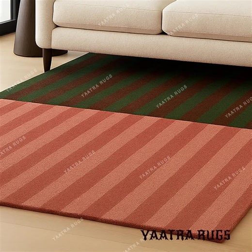 Rust & Green Hand-tufted Stripe Pattern Rug | Modern Wool Area Carpet | Earthy Striped Design - Etsy