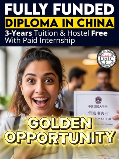 Fully Funded Diploma Program in China 🇨🇳 One decision today can shape your entire future. Have you completed FA, FSc, or ICS and are unsure about your next step? Dar-ul-Sakafat International College is offering a once-in-a-lifetime opportunity to study in China with 100% financial support. ✅ 3 Years Tuition Fee FREE ✅ Hostel Accommodation FREE ✅ Paid Internship Included ✅ International Education & Career Exposure 🎯 Eligibility: ✔ FA / FSc / ICS ✔ Minimum 65% Marks ✔ Age 18–24 Years ⏳ Limited 