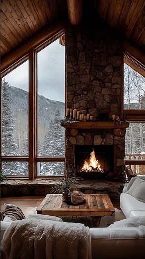 Cozy Mountain Cabin with Stone Fireplace 🔥 | Relaxing Winter Ambience & Snowy Mountain View