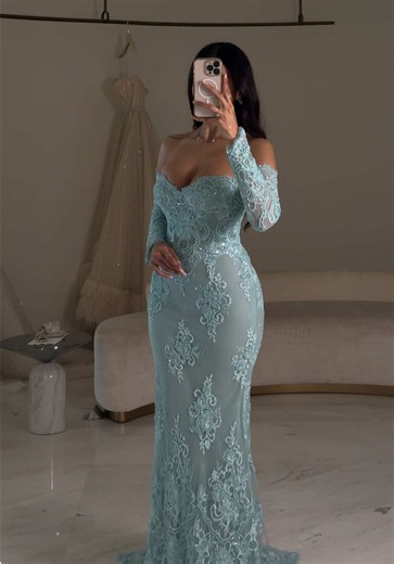 ‏Aquamarine lace gown by Waad Aloqaili Couture 🌊 #waadaloqaili #dress | Couture Dress