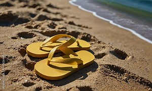 Yellow flip flops on beach sand texture and tropical sea background