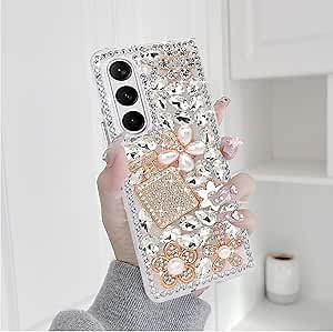 Omio for Galaxy Z Fold 5 5G Case Cute, 3D Handmade Sparkle Stunning Stones Crystal Rhinestones Diamond Bling Glitter Hard PC Phone Cover for Women Girls, White