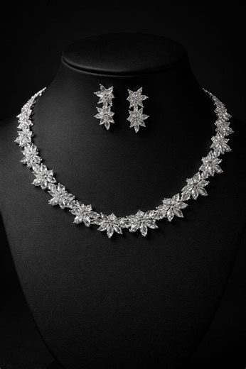 Luxury Cubic Zirconia Floral Necklace & Earrings Set for Women – Silver Bridal Wedding Jewelry - Etsy