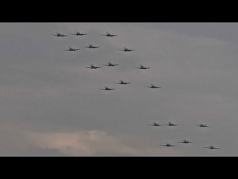 Flypast of 18 Spitfire & Hurricane on Battle of Britain airshow Duxford Sept. 2023 - Sunday