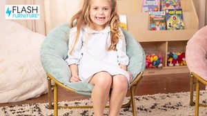 Flash Furniture Kids 23 Inch Folding Saucer Chair, Ivory Faux Shearling | Soft Gold Frame, Portable