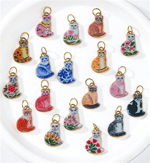 18 Designs Colorful Cat Charm, Enamel Cute Printed Cat Charms, Jewelry Making - Etsy