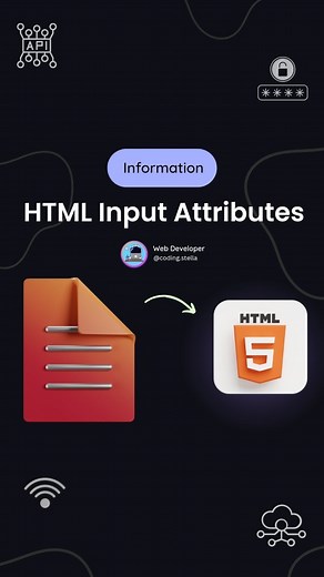 Stella • Coding • HTML • CSS • JAVASCRIPT on Instagram: "HTML input tags 🤌 Attribute is a special property that can be added to an HTML input element to modify its behavior or appearance. There are many different input attributes that can be used to achieve various effects 🤔 Here are some common HTML input attributes: 1) multiple 2) accept 3) inputmode 4) pattern 5) download 🖇️ 𝗦𝗧𝗔𝗬 𝗖𝗢𝗡𝗡𝗘𝗖