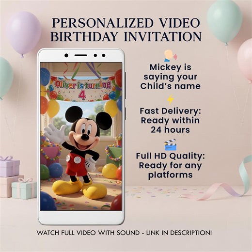 Personalized Mickey Birthday Video Invitation, Mickey Mouse Party Invite (digital) - Etsy