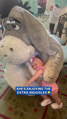 Toddler shares sweet hug with Eeyore at Disney World