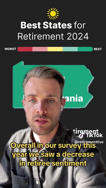 BEST STATES TO RETIRE 2024 7 - Pennsylvania Reader sentiment in PA improved in the last year, which was a great sign for the state. Pennsylvania is a tax friendly destinations for seniors, with no taxes on retirement income. Stat tuned to find out which states topped our list! #finance #retire #retirement #retirementliving #retirement2024 #howtoretire #thingsiwishiknew #pennsylvania #greenscreen
