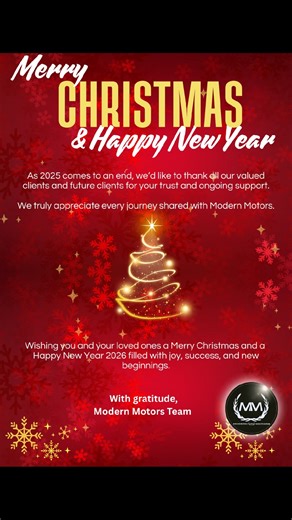 As 2025 comes to an end, we’d like to thank all our valued clients and future clients for your trust and ongoing support. We truly appreciate every journey shared with Modern Motors. Wishing you and your loved ones a Merry Christmas and a Happy New Year 2026 filled with joy, success, and new beginnings. With gratitude, Modern Motors Team | Modern Motors