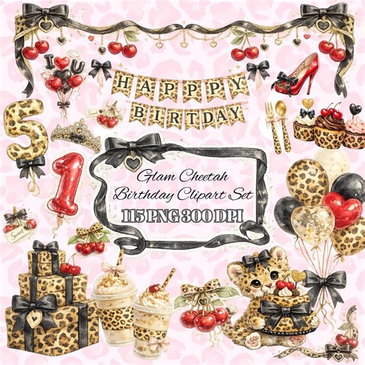 Leopard Cheetah Birthday Clipart PNG Set Coquette Bow Animal Print Baby Cheetah Balloons Cake Party Decorations - Etsy