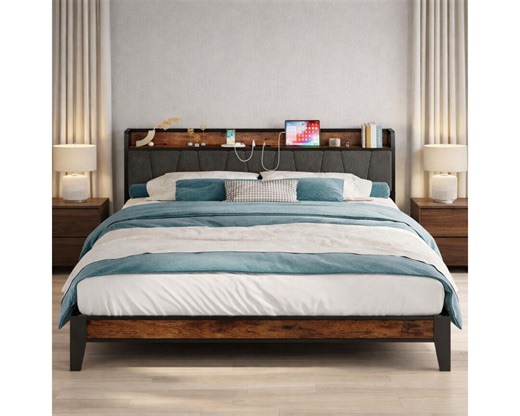California King Bed Frame With Storage Headboard & Charging Station, Upholstered Platform Bed, No Box Spring, Modern Bedroom Furniture - Etsy