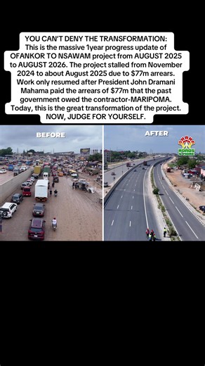 YOU CAN’T DENY THE TRANSFORMATION: This is the massive 1year progress update of OFANKOR TO NSAWAM project from AUGUST 2025 to AUGUST 2026. The project stalled from November 2024 to about August 2025 due to $77m arrears. Work only resumed after President John Dramani Mahama paid the arrears of $77m that the past government owed the contractor-MARIPOMA. Today, this is the great transformation of the project. NOW, JUDGE FOR YOURSELF