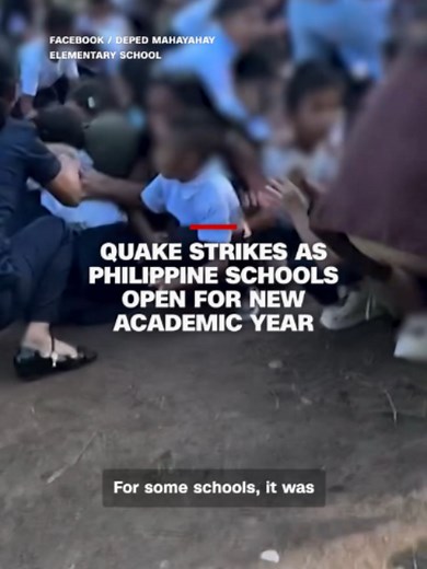 Children were seen crouching outside and a school roof collapsed after a deadly 7.8-magnitude earthquake struck the southern Philippines on the first day of the new school year.
