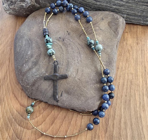 Anglican Rosary, Prayer Bead Necklace With Blue Dumorteirite Stone and African Turquoise - Etsy