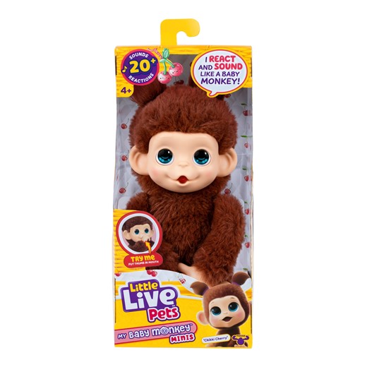 Little Live Pets Baby Monkey Minis – Chikki Cherry. Interactive Pet Toy. 20 Sounds & Reactions. Soft Brown Fur. 7.4" Tall. Collect All 3. Ages 4