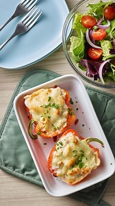 Easily transform a HORMEL® COMPLEATS® Chicken Alfredo meal into a dinner for two with Chicken Alfredo Stuffed Peppers. This quick and flavorful dish that takes just 5 minutes to prepare. Hollowed red bell peppers cradle a rich filling of HORMEL® COMPLEATS® Chicken Alfredo, topped with a generous sprinkle of melted mozzarella. | Hormel Foods