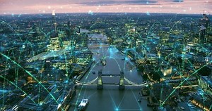 Aerial view of Famous Bridges and Skyscrapers of London Connected though Arch and Line Networks. Concepts: Augmented Reality, Internet of Things, 5G, Modern Wifi. Shot from Helicopter in 8K.