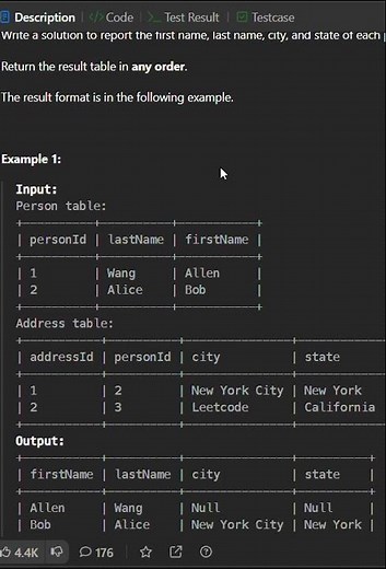leetcode 175 | Combine 2 tables | SQL query #programming