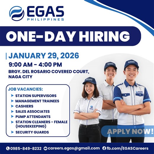 𝐀𝐓𝐓𝐄𝐍𝐓𝐈𝐎𝐍, 𝐉𝐎𝐁𝐒𝐄𝐄𝐊𝐄𝐑𝐒! 📣 𝑆𝑡𝑒𝑝 𝑖𝑛𝑡𝑜 𝑜𝑢𝑟 𝑂𝑛𝑒-𝐷𝑎𝑦 𝐻𝑖𝑟𝑖𝑛𝑔 𝐸𝑣𝑒𝑛𝑡 𝑎𝑛𝑑 𝐵𝑒 𝑃𝑎𝑟𝑡 𝑜𝑓 𝑜𝑢𝑟 𝑇𝑒𝑎𝑚! Date and Time: January 29, 2026 9:00 AM - 4:00 PM Venue: Baranggay Del Rosario, Covered Court, Naga City Job Vacancies: • Station Supervisors • Management Trainees • Cashiers • Sales Associates • Pump Attendants • Station Cleaner - Female (Housekeeping) • Security Guards Please bring the following: 1) Updated Resume 2) Photocopy of your credential