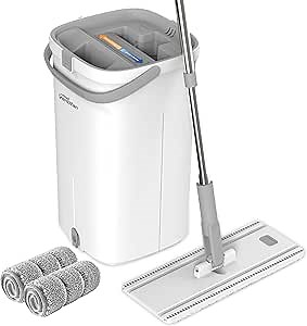 Flat Mop and Bucket System, Separates Dirty and Clean Water, Self Cleaning Flat Mops for Floor Cleaning,Wet and Dry Use Flat Mop and Bucket Set