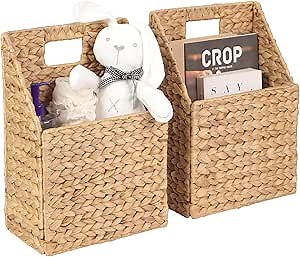 Wicker Hanging Storage Basket (10,5"Lx6,5"Wx13"H), Set of 2 Wall Baskets, Water Hyacinth Baskets, Wall Decor Hyacinth Basket Hanging for Organizing Files, Mails, Books, Accessories