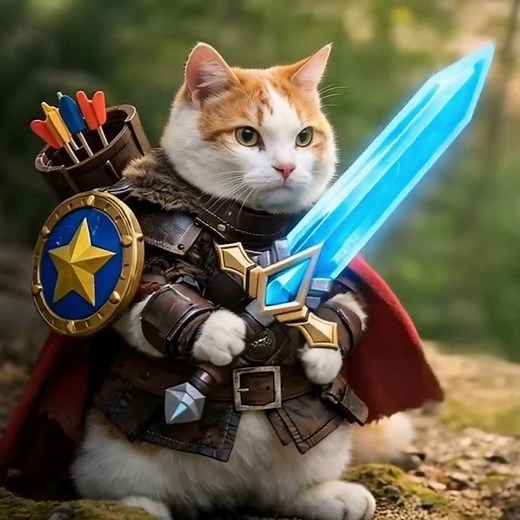 A realistic warrior cat wielding a magic sword