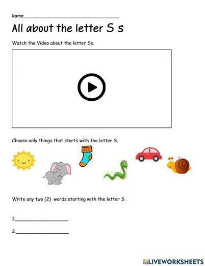 All about the letter S video worksheet