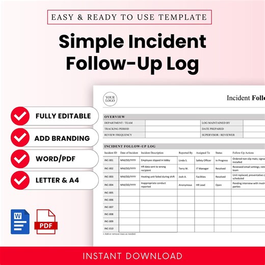 Simple Incident Follow-up Log Template – Word & PDF, A4 + US Letter - Etsy Canada