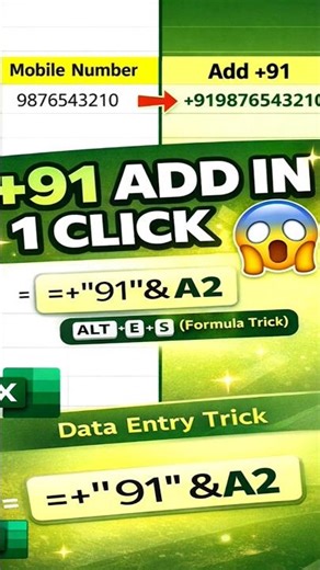 How to add +91 country code before mobile number in excel