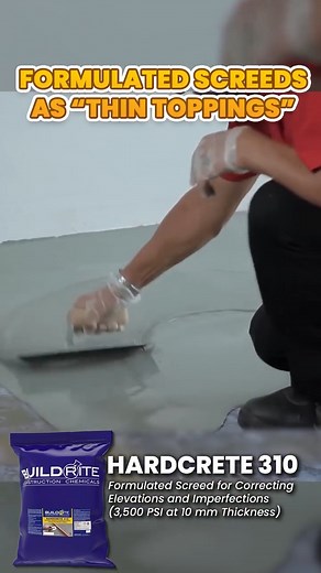 Thin toppings, or thin-set overlays, are surface treatments applied to existing concrete to improve durability, aesthetics, or both. They restore old surfaces, provide a fresh appearance, and offer added protection. Hardcrete 310 can achieve 3500psi after 28 days at a minimum thickness of 10mm. It is recommended for installing slopes as it can achieve the required compressive strength at such thin applications. Hardcrete 310 is designed for resurfacing, patching, and installing a slope for large