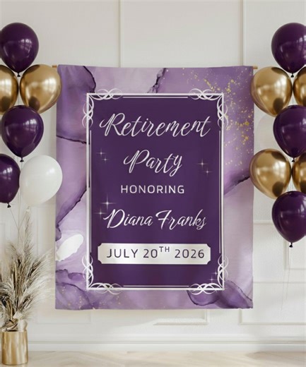 Personalized Retirement Banner With Photo, Purple Marble Retirement Decor, Custom Retirement Welcome Party Sign, Retirement Photo Backdrop - Etsy