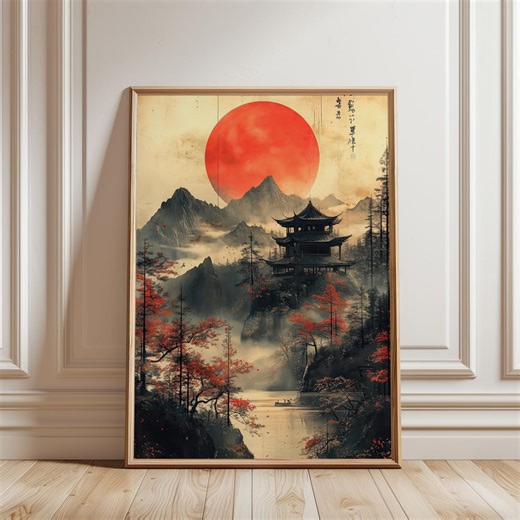 Japanese Landscape Wall Art, Vintage Temple Print, Japandi Decor, Red Sun Poster, Zen Mountain Artwork, Asian Style, Digital Download - Etsy