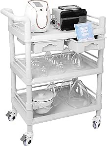 Meifuly Beauty Trolley Cart with Wheels, Esthetician Cart with Handrail, Bucket and 2 Big Drawer, 3 Tier Heavy Duty Beauty Salon SPA Cart, Load 330lbs, 360° Rotate Silent Wheels