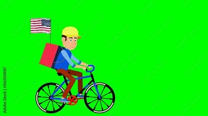2D Animation Cartoon Movie A American man in national dress and with a American flag rides a bicycle on a green background