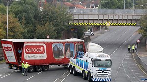 Lorry gets stuck in bridge Woodchurch Road