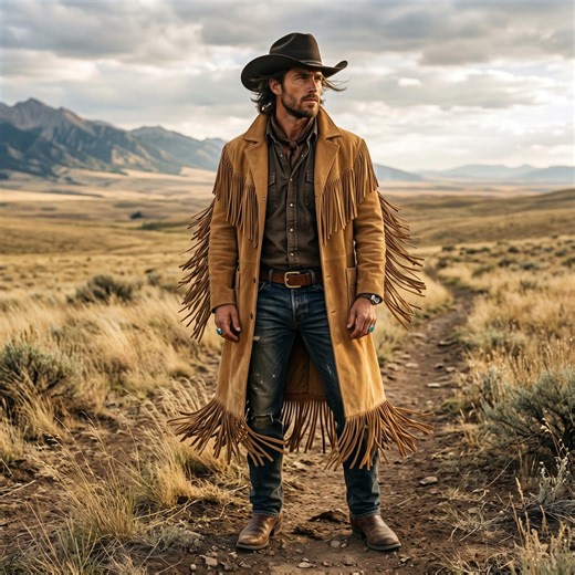 Men's Suede Leather Fringe Jacket | Western Cowboy Style Duster Coat | Native American Inspired Over Coat | Boho Hippie Outerwear - Etsy