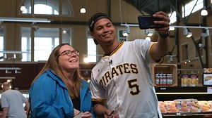 To celebrate the return of Pirates baseball and the start of the 2025 season, Jared Triolo, Endy Rodríguez, Neil Walker, John Wehner, the Pirate Parrot, and Pierogies joined Giant Eagle to surprise fans at the Robinson Market District with tickets to Opening Weekend, Giant Eagle gift cards, free hot dogs, ice cream, fun giveaways, and more! | Pittsburgh Pirates