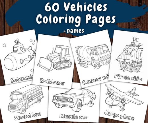 60 Vehicles Coloring Pages for Kids, Kindergarten Coloring Book, Easy Transportation Coloring Book, Construction Cars, Printable (PDF) - Etsy