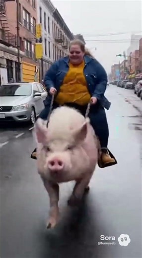 Women rides pig! #viral #pig #funnyvideo #funnyvideo #funny #shorts
