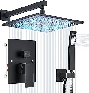 12 inches LED Rainfall Shower Head with Brass Handheld Rain Shower System Shower Faucets Sets Complete or Bathroom Rough-in Valve Body and Trim Included Matte Black