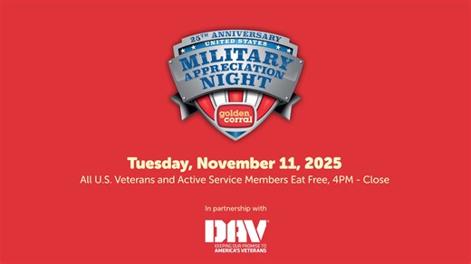 This Veterans Day, Golden Corral proudly celebrates the brave men and women who have served our country. Their dedication and sacrifice protect the freedoms that make our nation strong. As a token of our gratitude, we’re honored to offer all military veterans, active-duty, and retired service members a complimentary buffet dinner at our restaurants tonight from 4pm to close. We look forward to welcoming you as our special guests. Thank you for your service. | Golden Corral Buffet & Grill