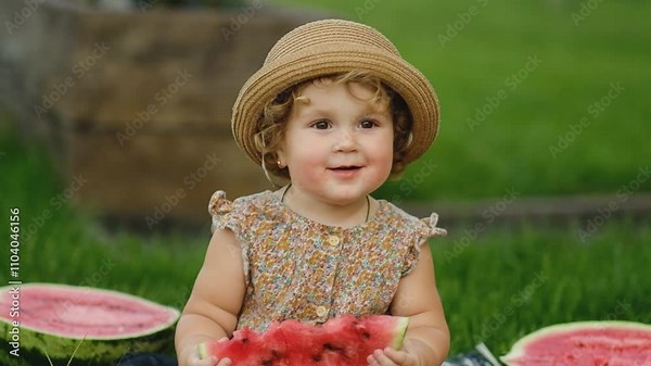 Adorable little girl eating watermelon sitting on the grass in the park