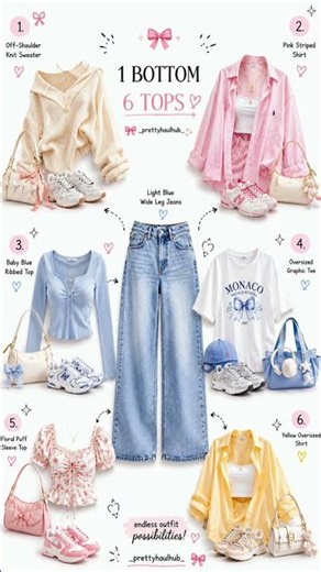 Cute Tops to Wear with Light Blue Wide-Leg Jeans 💙 | 6 Easy Outfit Ideas for Every Style 🤍🎀 #shorts
