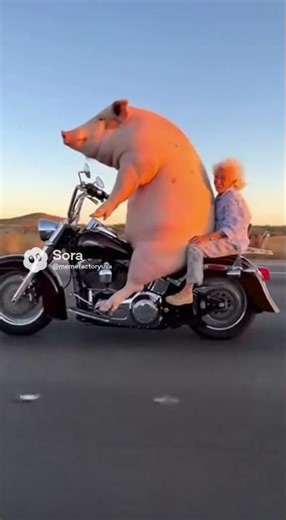 Giant Pig Riding a Motorcycle! Grandma Holds Tight 🐷🏍️