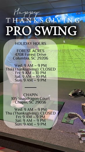 ⛳️ This Week’s Hours ⛳️ Pro Swing will be closed on Thanksgiving Day so our team can enjoy time with their families. ❤️ All other days this week are booking up fast, so be sure to reserve your bay soon! 📲 Book now: proswingcolumbia.com/booking 📞 803.528.1617 We can’t wait to see you this holiday weekend! 🎯 | Pro Swing
