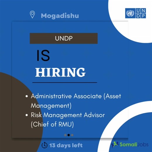 #UNDP is hiring 2 Positions 1. Administrative Associate (Asset Management) APPLY NOW----->>>>>> https://somalijobs.com/jobs/mogadishu/1814219460329866/administrative-associate-(asset-management) 2. Risk Management Advisor (Chief of RMU) APPLY NOW----->>>>>> https://somalijobs.com/jobs/mogadishu/6430641169936299/risk-management-advisor-(chief-of-rmu) #Somalijobs | Somali Jobs | Facebook