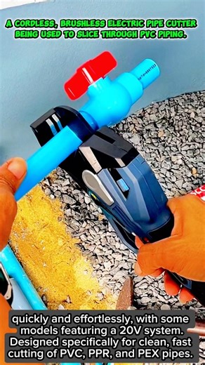 A cordless, brushless electric pipe cutter being used to slice through PVC piping.
